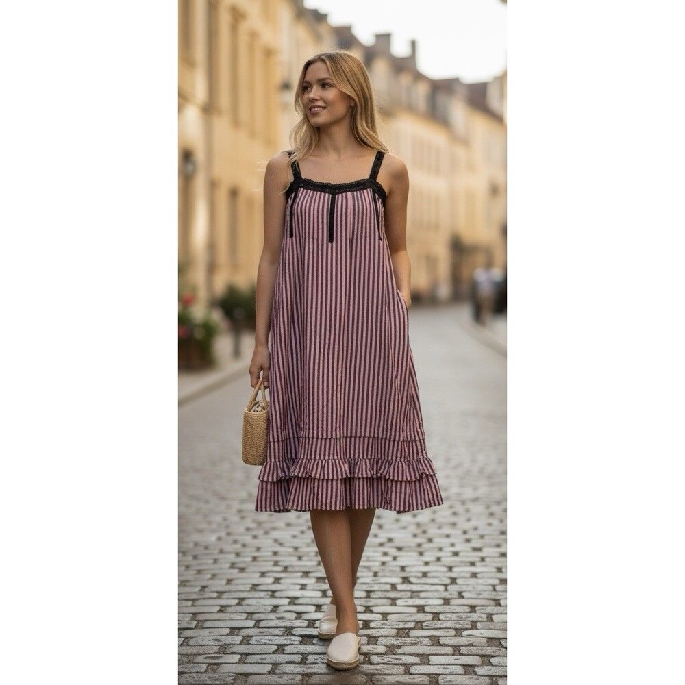 Vintage Sleeveless Women’s Dress size 36  Pink - Gray Striped 70s Cotton Ruffle